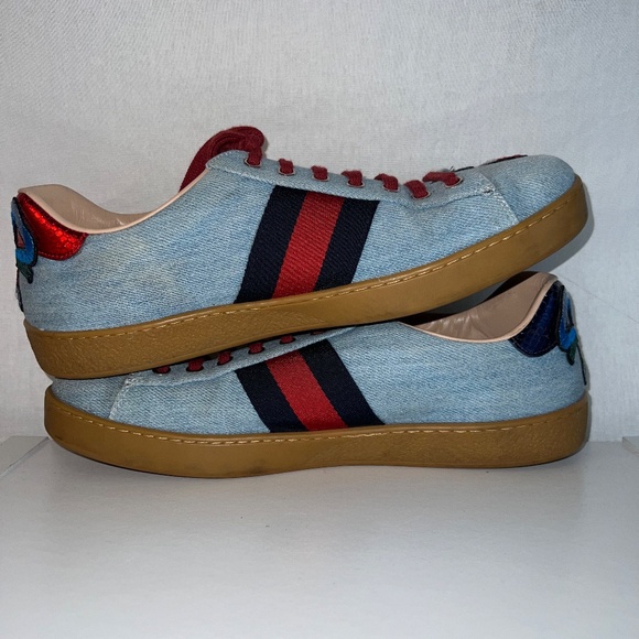 Gucci, Low Top Embroidered Sneakers, Floral Denim Ace, Size 10.5 - Picture 6 of 14
